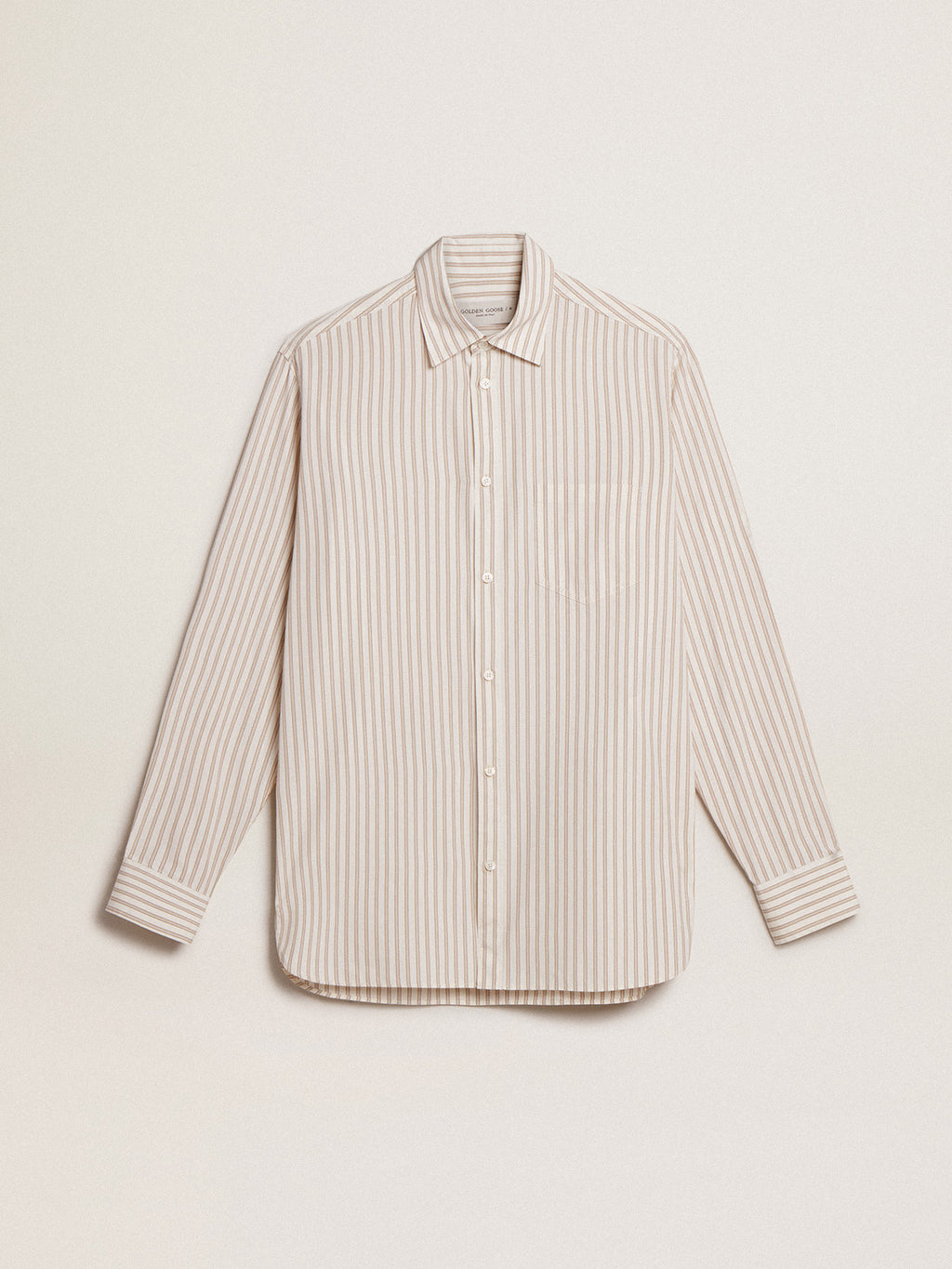 Men's white cotton shirt with beige stripes| Golden Goose