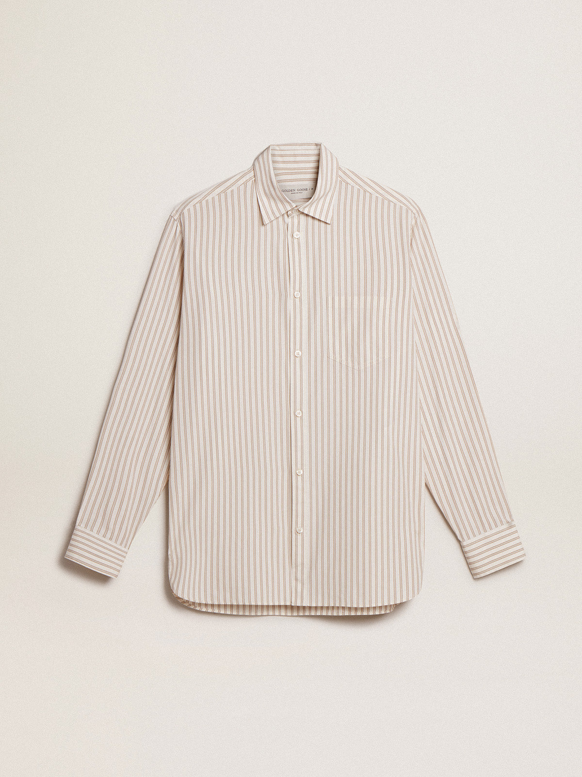 Men's white cotton shirt with beige stripes| Golden Goose