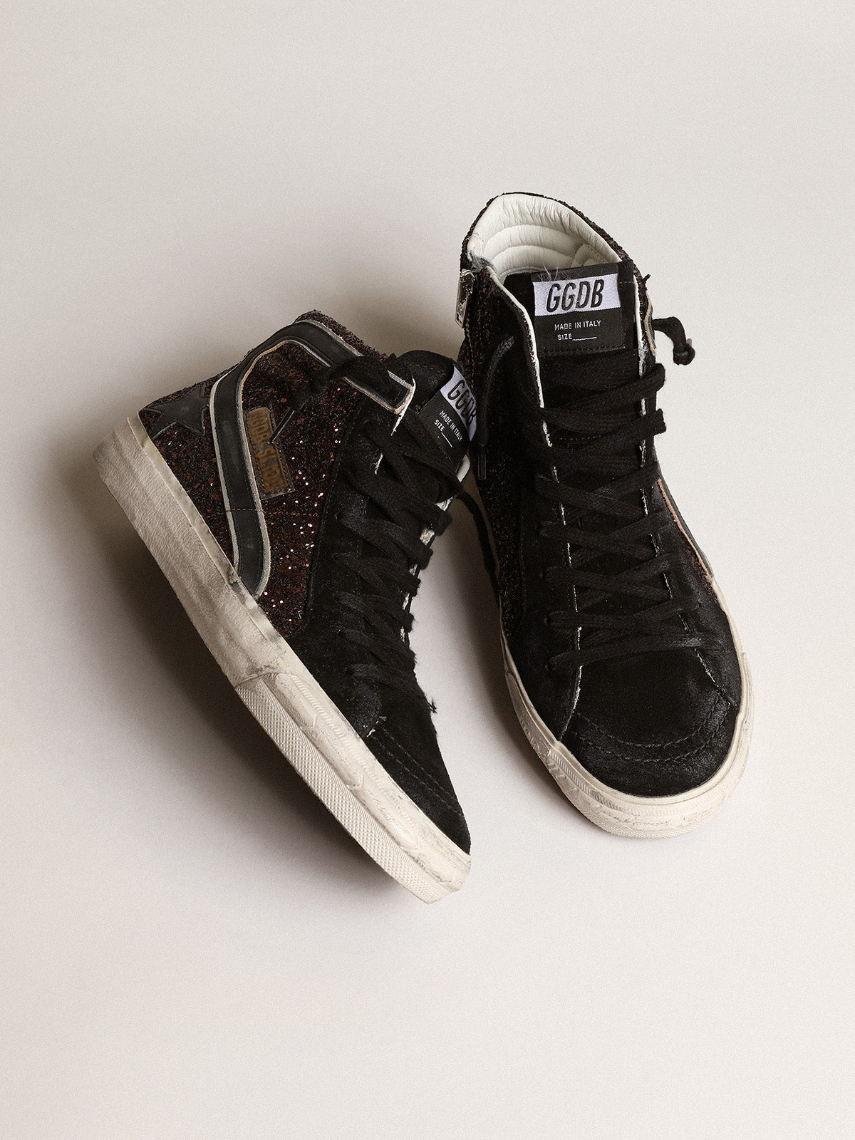 Slide in brown glitter with black leather star and flash| Golden Goose