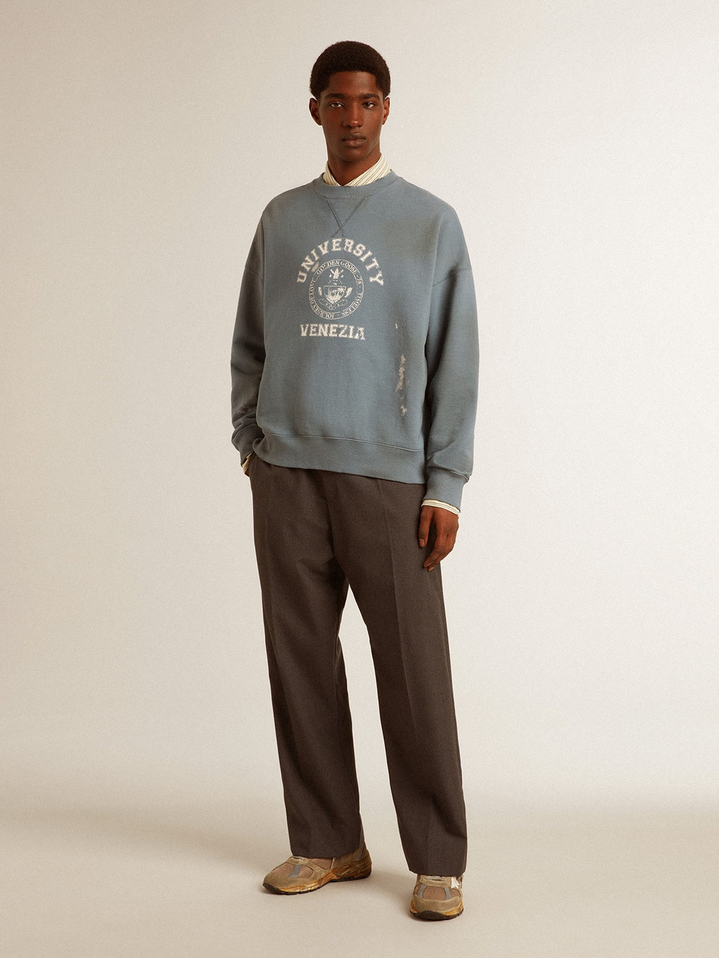 Oversized sweatshirt in baby blue with distressed finish| Golden Goose