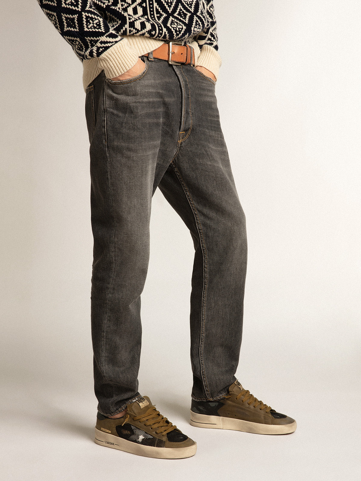Black mid-wash slim-fit jeans| Golden Goose