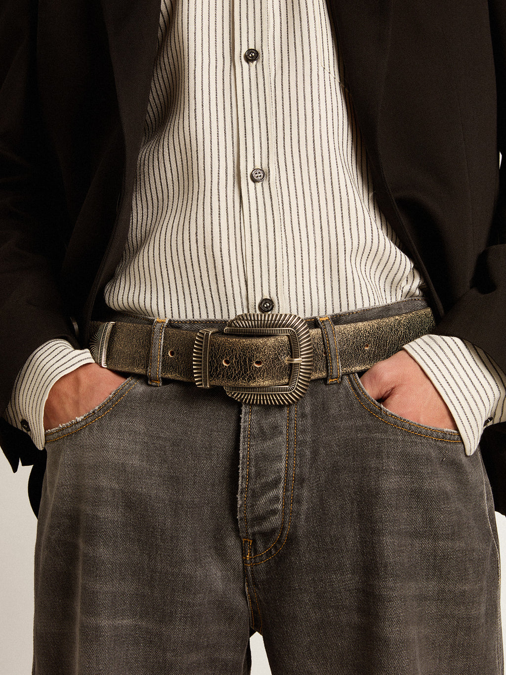 Men's belt in black leather with decorated buckle| Golden Goose