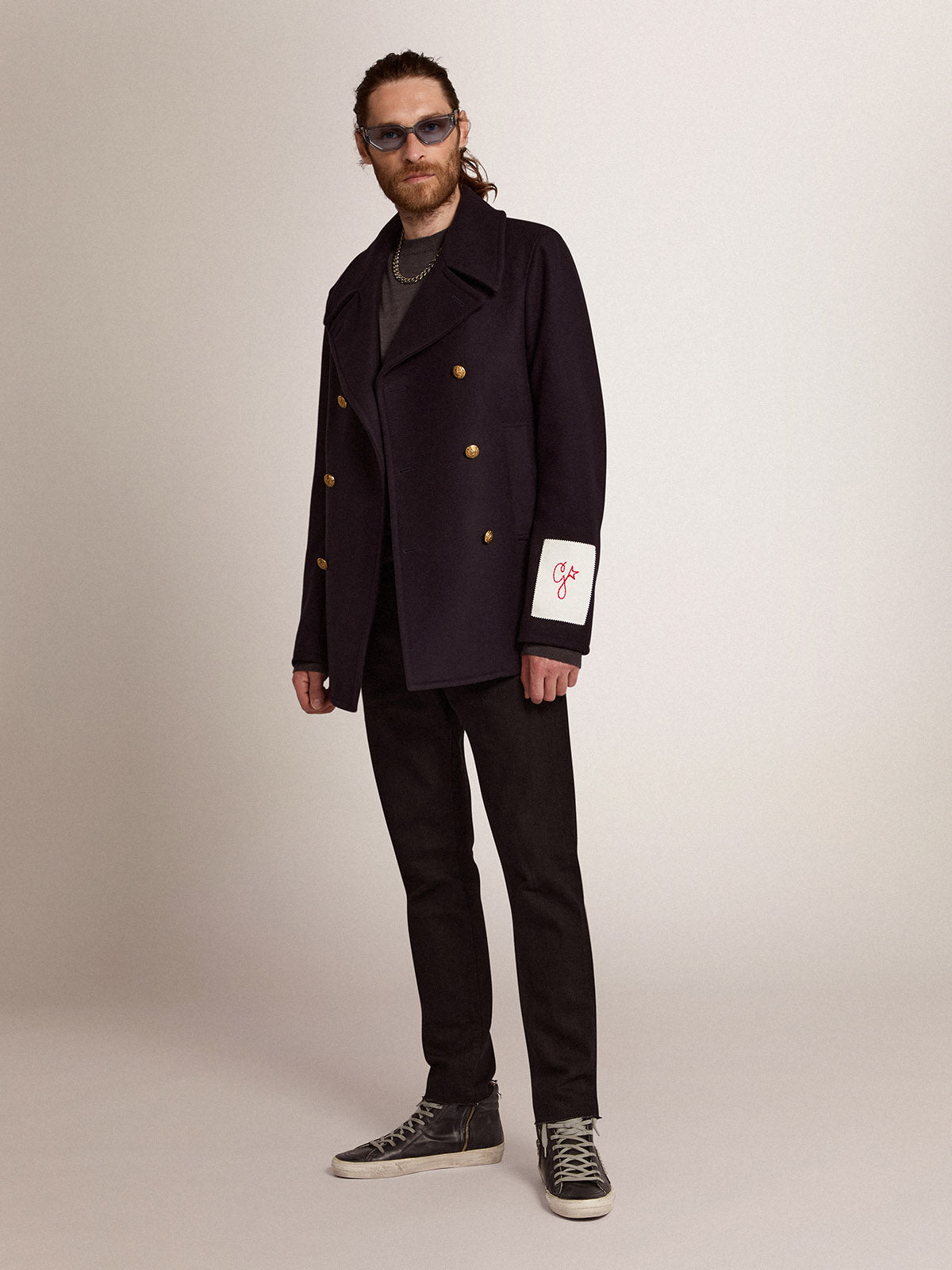 Men's double-breasted coat in dark blue wool with gold buttons| Golden Goose