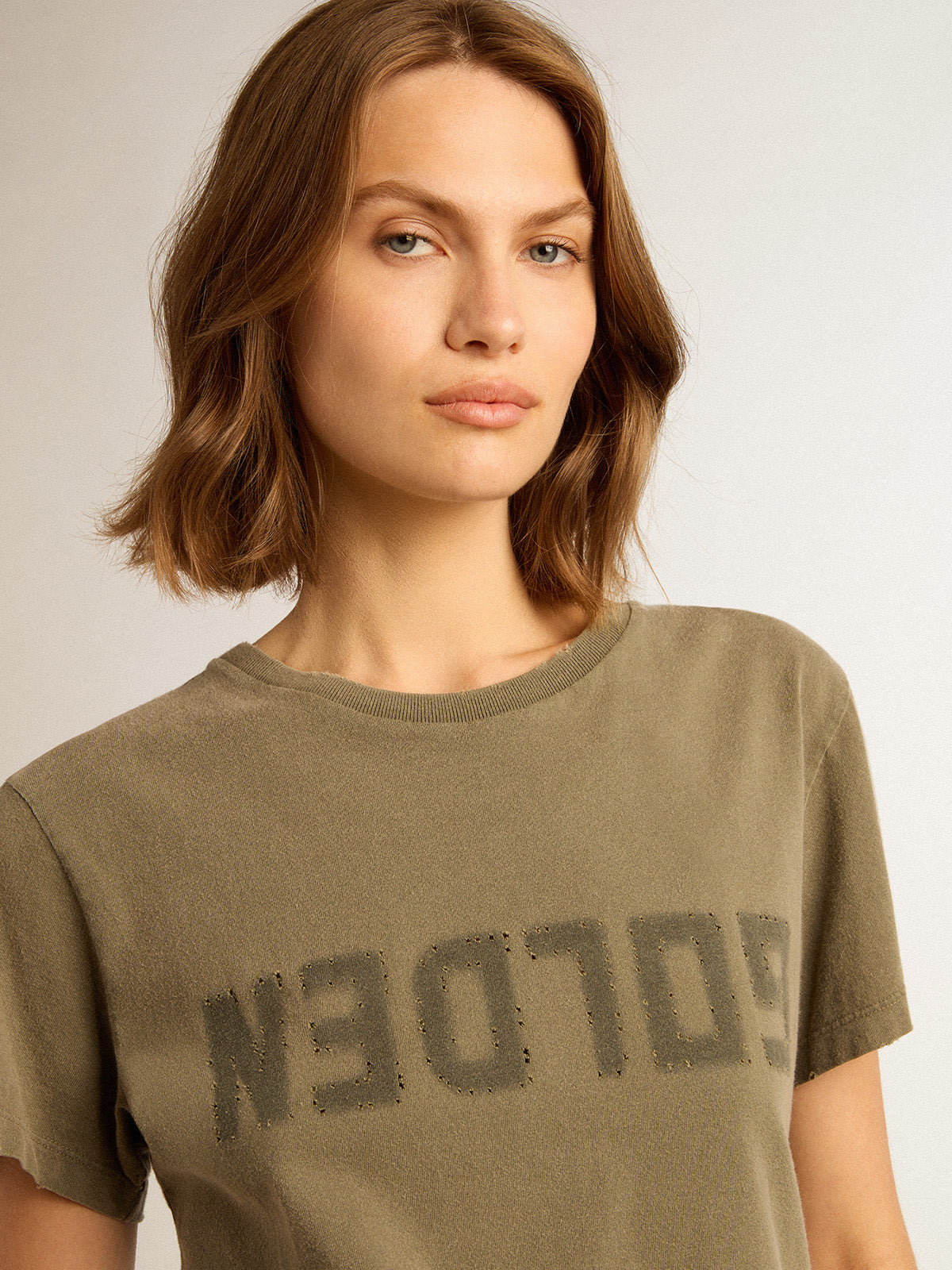Women's olive green T-shirt with Golden lettering| Golden Goose