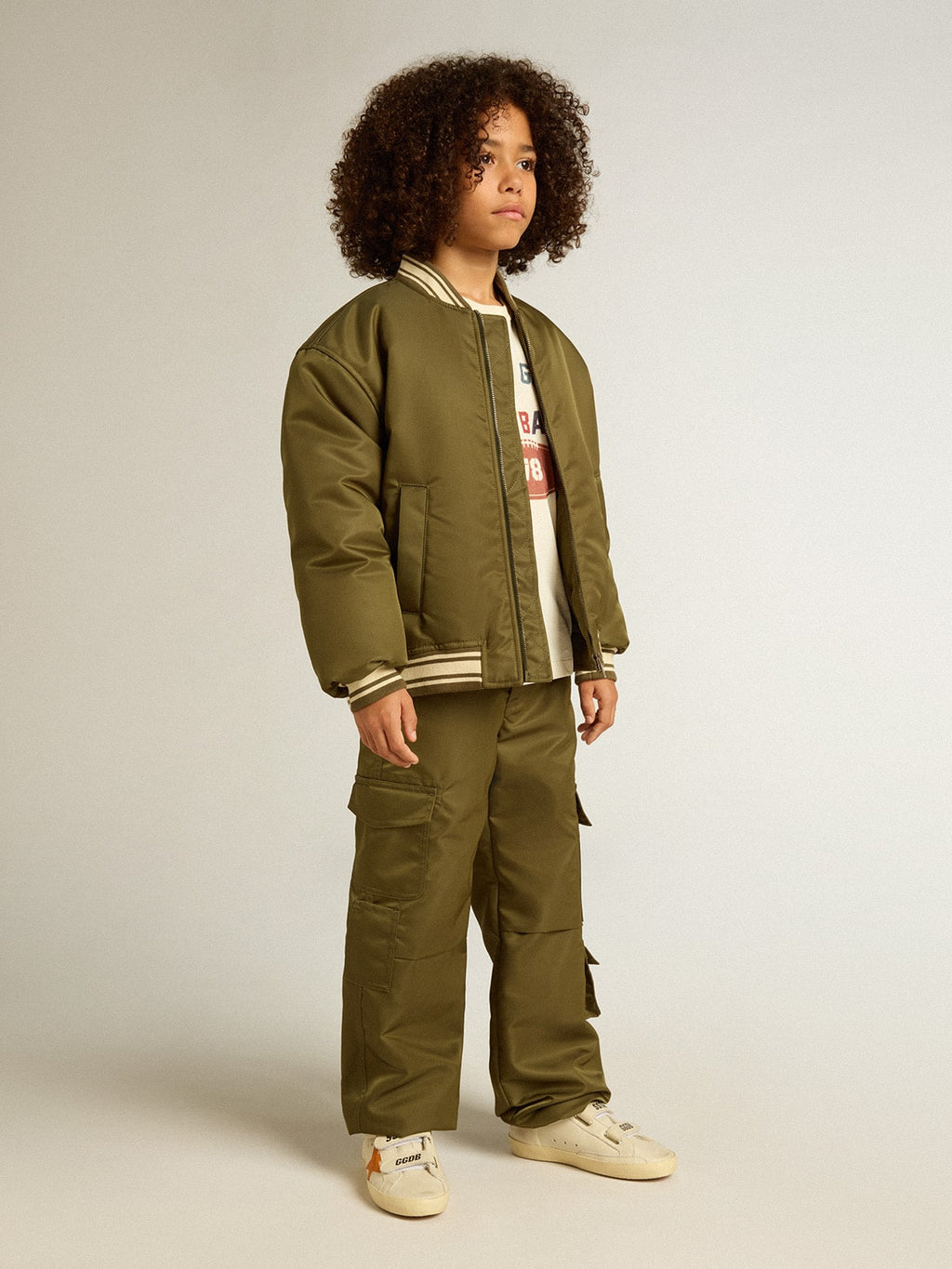 Kids military-green nylon bomber jacket with lettering on the back| Golden Goose
