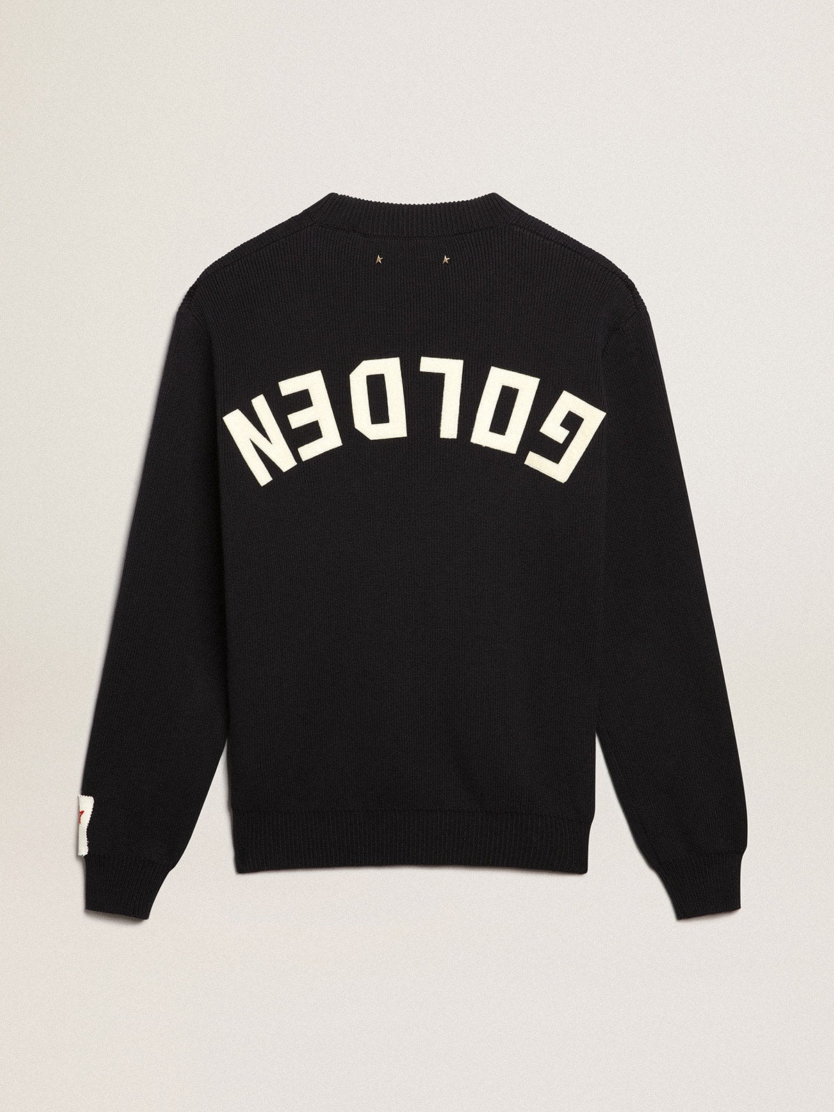 Men's round-neck sweater in dark blue cotton with logo| Golden Goose