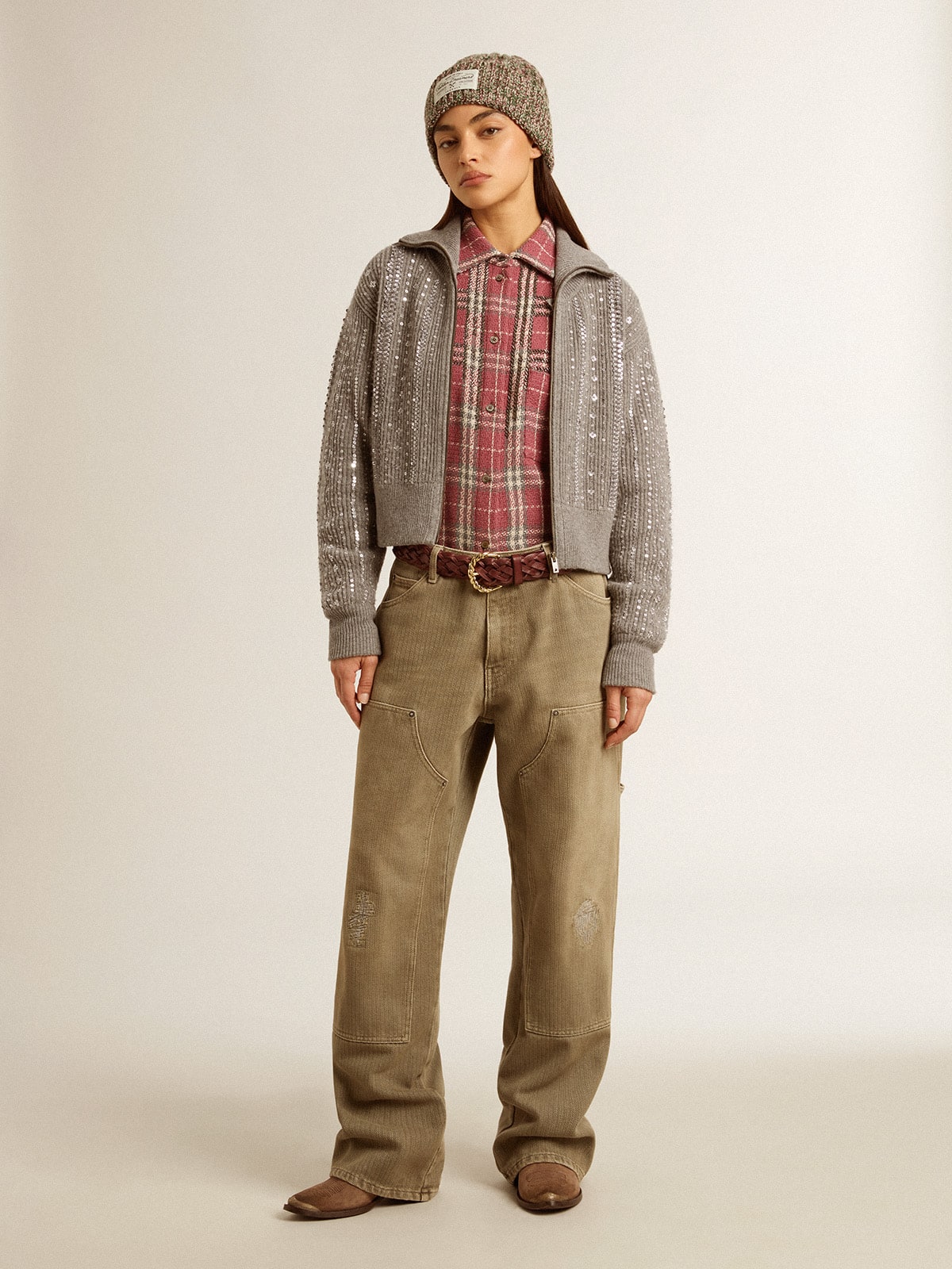 Women's cropped sweater in gray melange wool with sequins