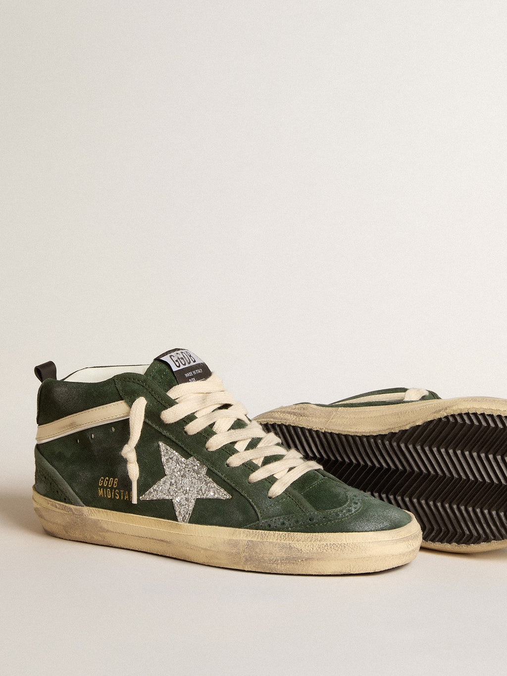 Mid Star in green suede with silver glitter star and leather flash| Golden Goose
