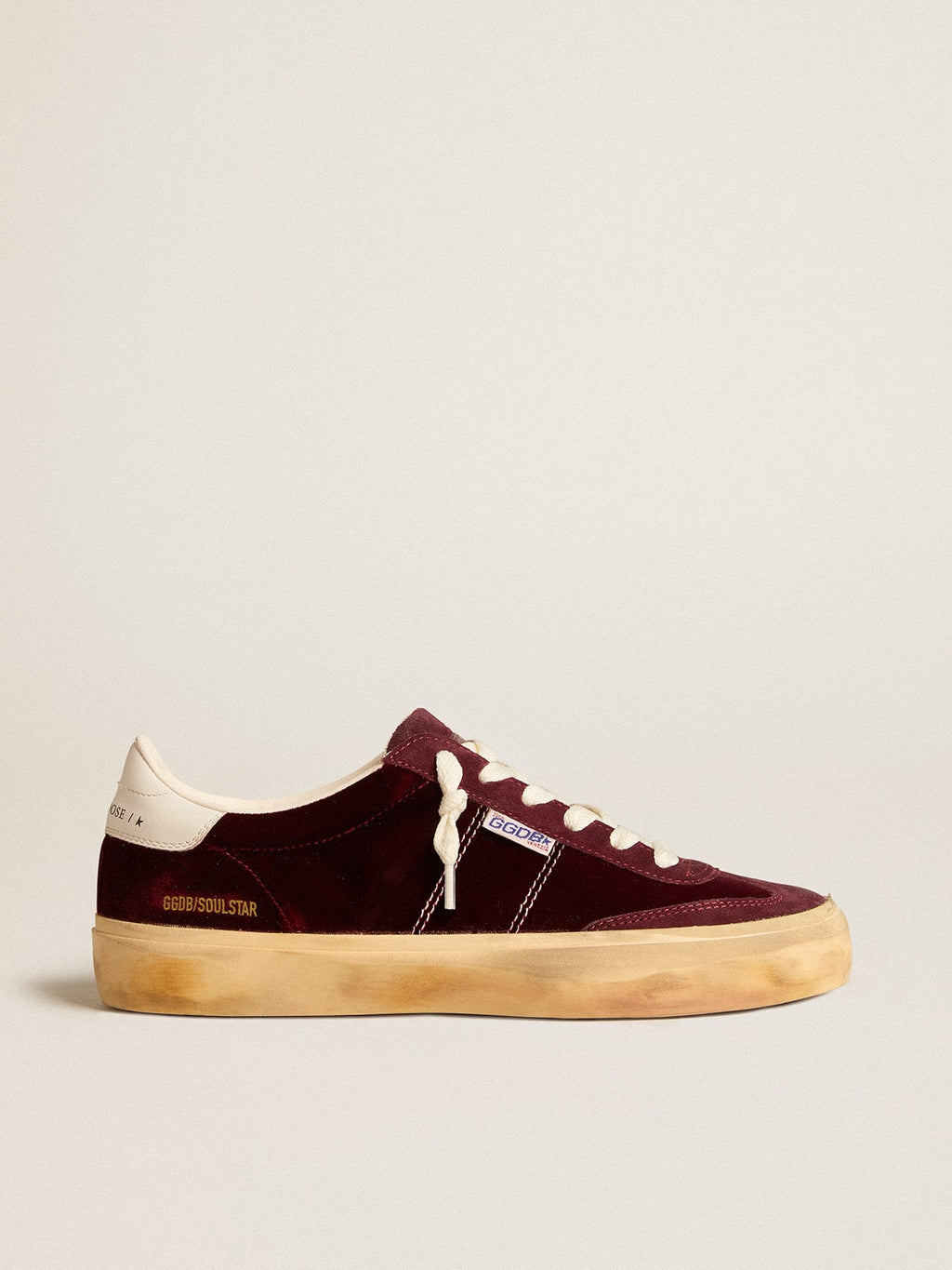 Soul Star in burgundy velvet with white leather heel tab| Golden Goose