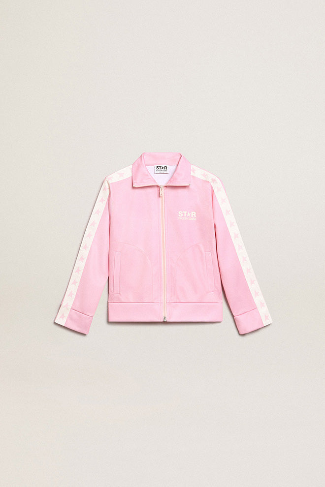 Pink zipped sweatshirt with white strip and pink stars| Golden Goose