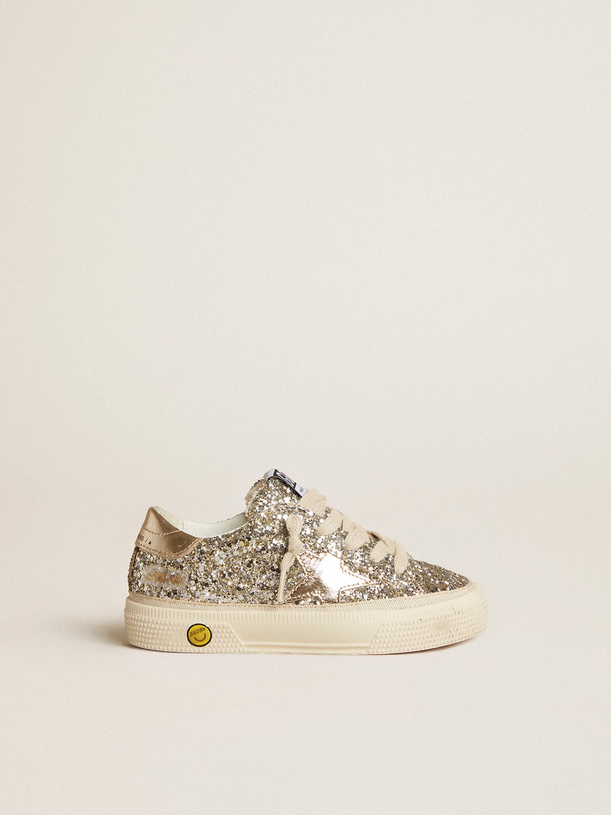 May Junior in platinum glitter with metallic leather star and heel tab| Golden Goose