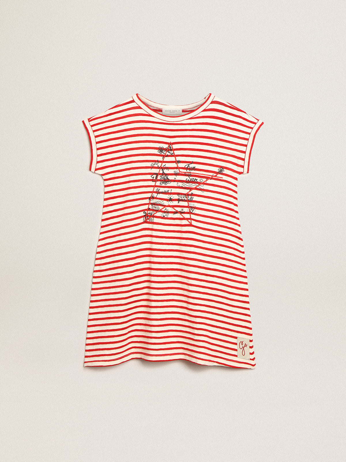 Mini dress with white and red stripes and embroidery on the front| Golden Goose