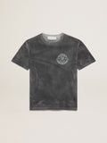 Men's gray T-shirt with aged effect with print on the front| Golden Goose