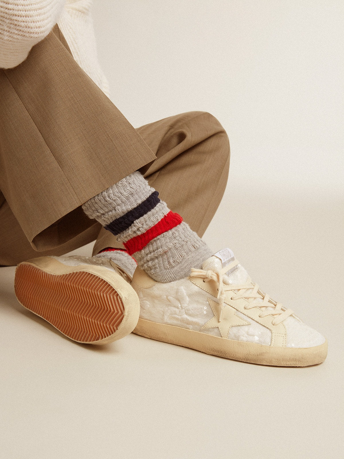Women's Super-Star LTD in white sequins with leather star and embroidery| Golden Goose