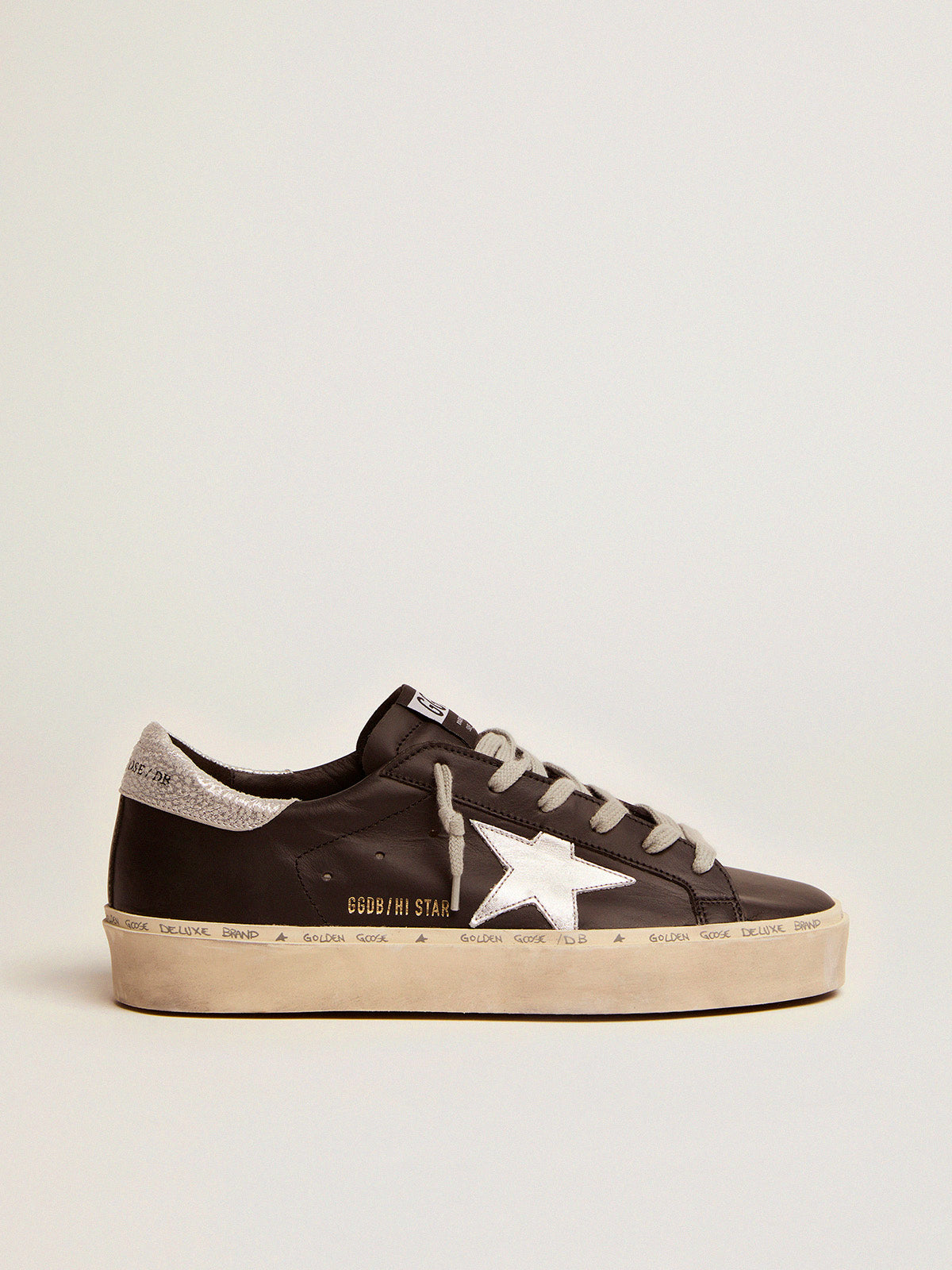Women's Hi Star in black leather with silver laminated leather star| Golden Goose