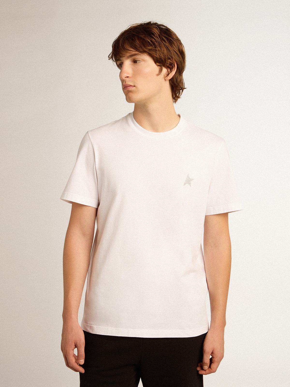 Men's white T-shirt with silver glitter star on the front| Golden Goose