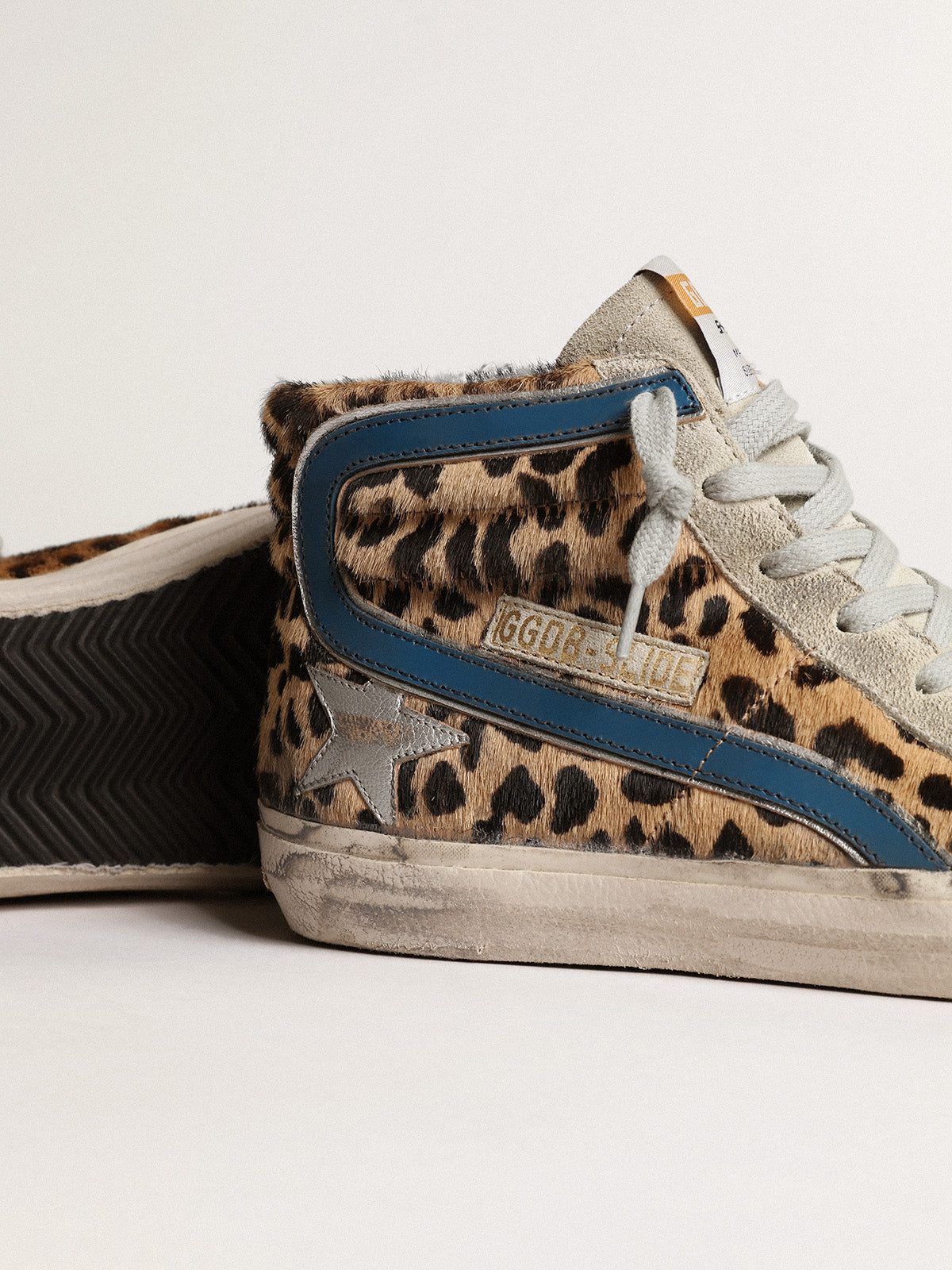 Women's Slide in leopard print pony skin with silver leather star| Golden Goose