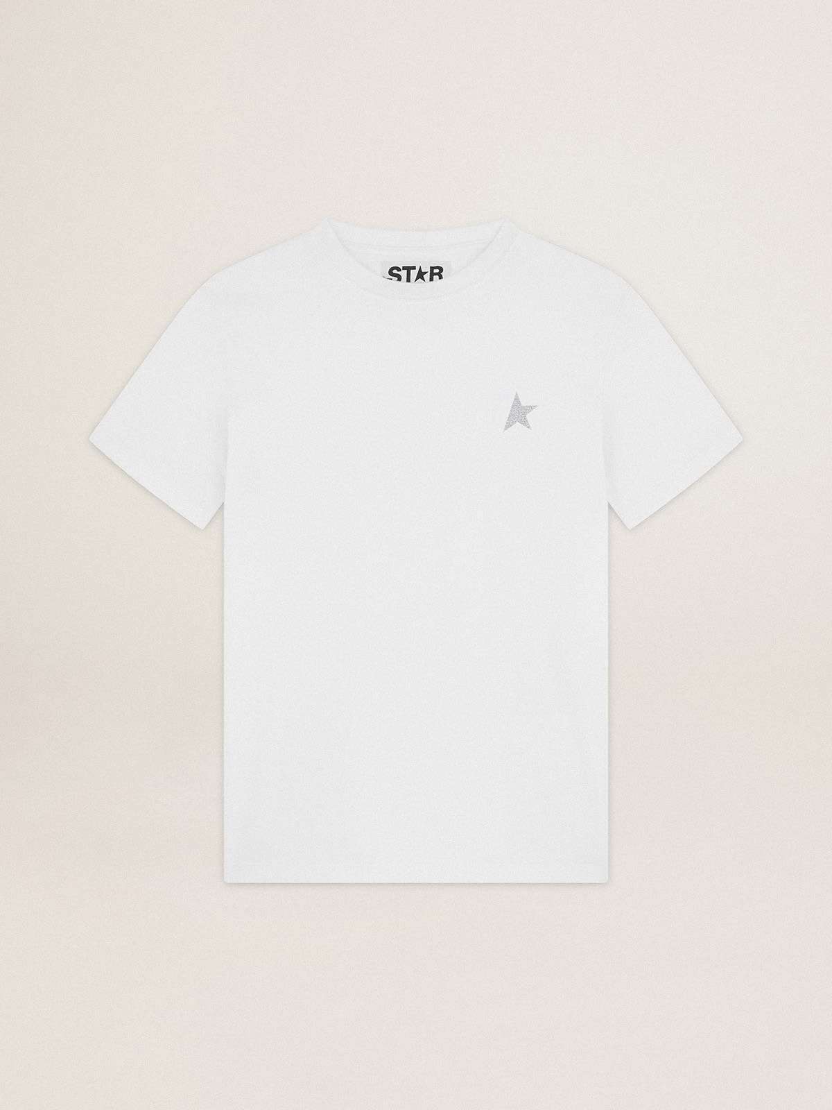Women's white T-shirt with silver glitter star on the front| Golden Goose