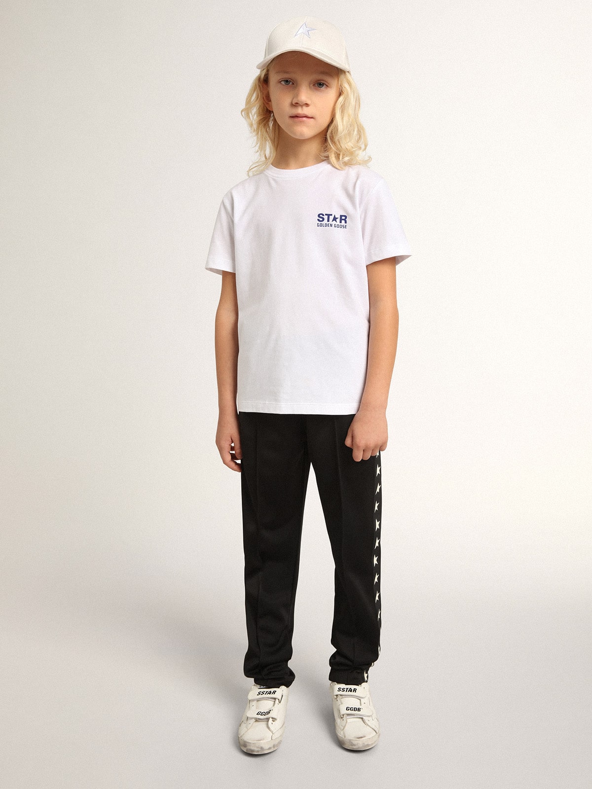 Boys' white T-shirt with contrasting dark blue logo and star| Golden Goose