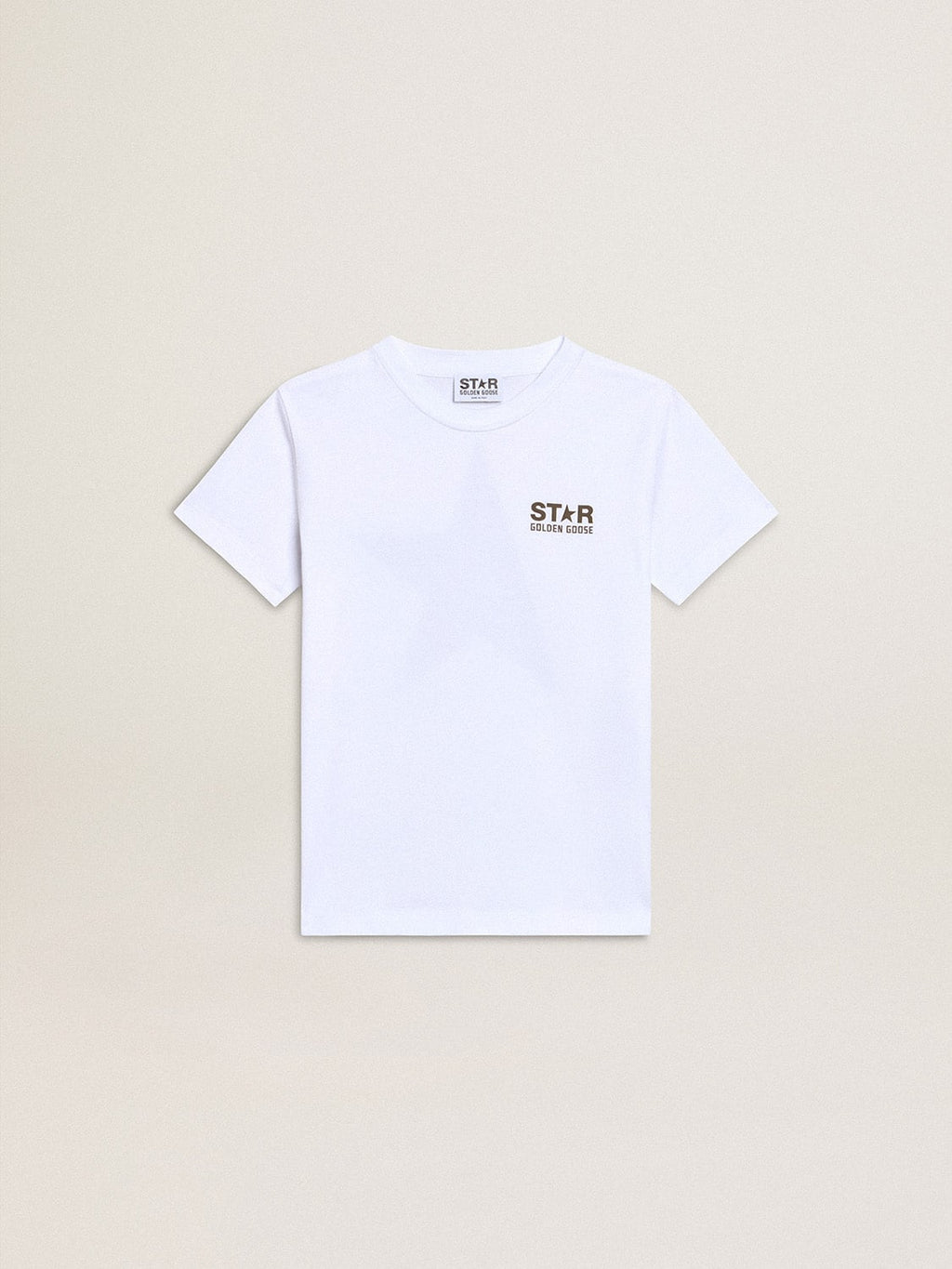Boys' white T-shirt with contrasting dark green logo and star| Golden Goose
