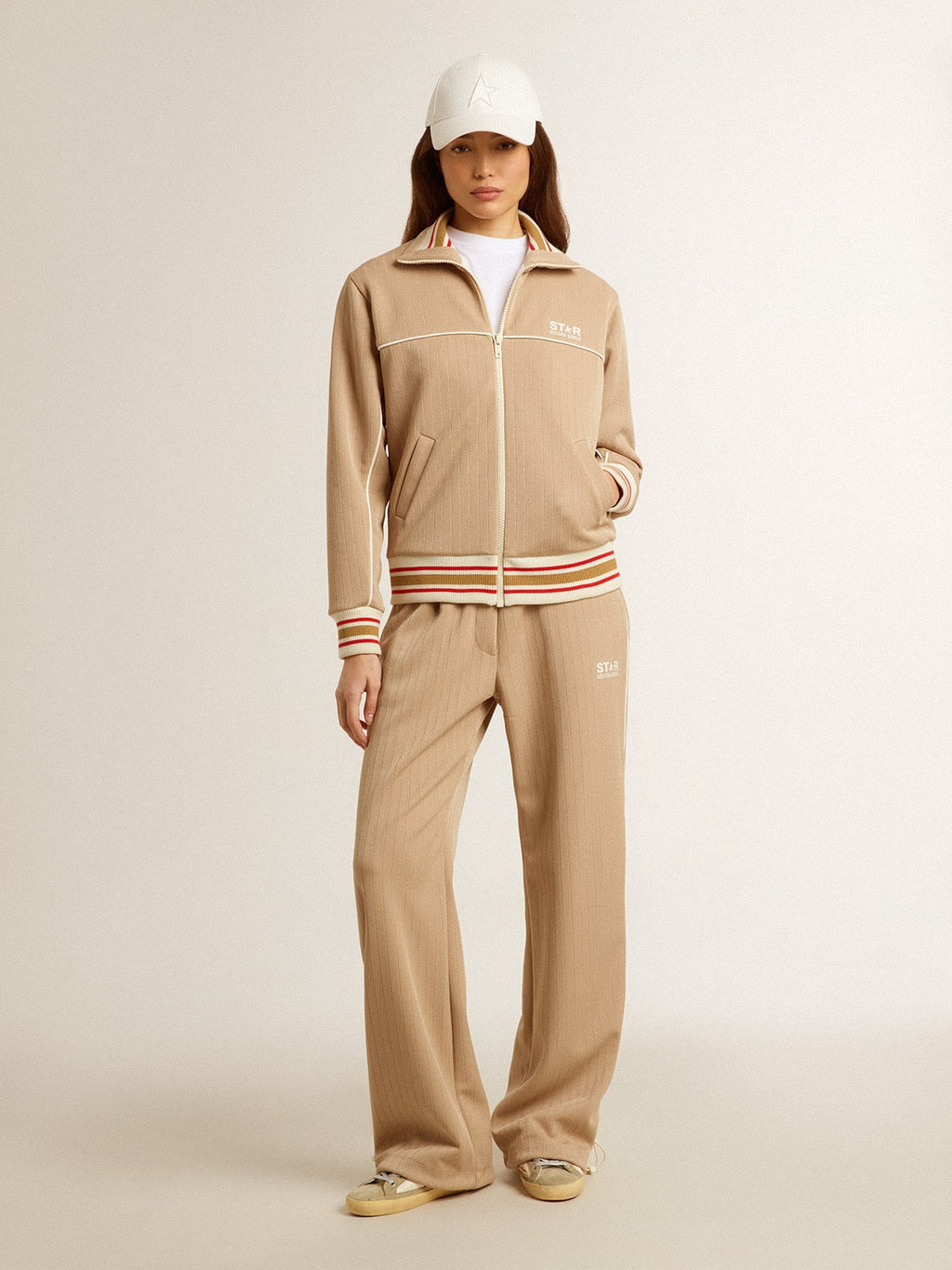 Women's light beige zipped sweatshirt with white logo| Golden Goose
