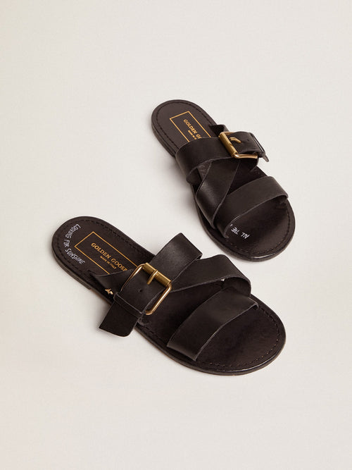 Black leather flat sandals with buckle Margaret| Golden Goose
