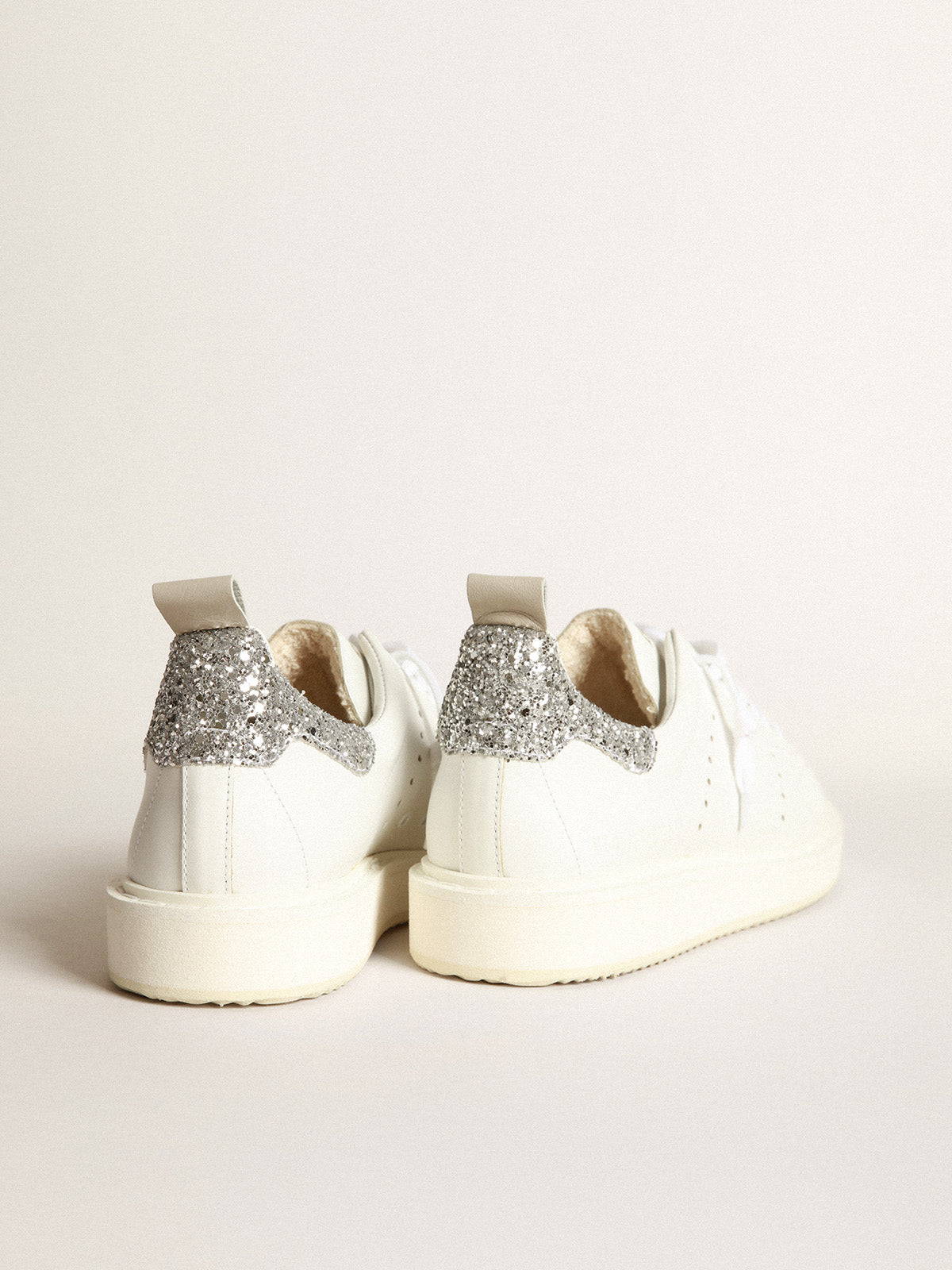 Starter sneakers in white leather with silver glitter heel tab| Golden Goose
