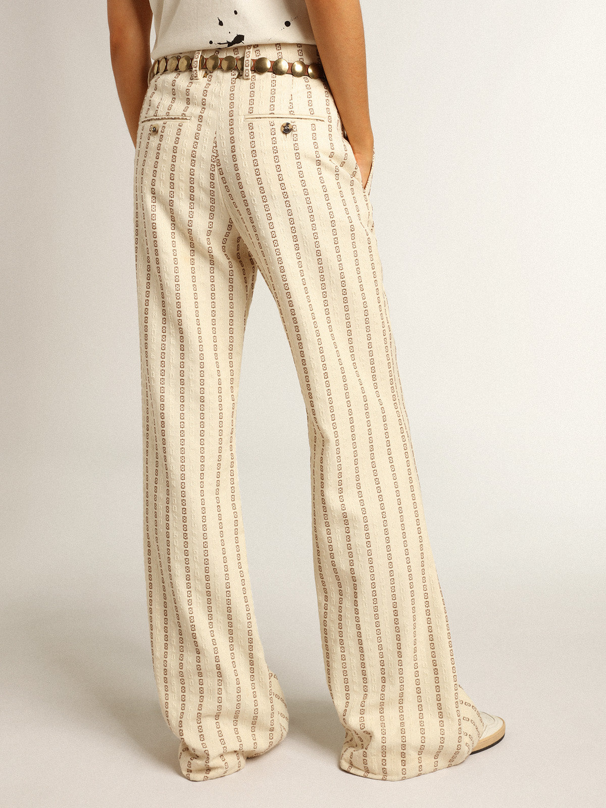 Cream-colored cotton pants with jacquard motif| Golden Goose