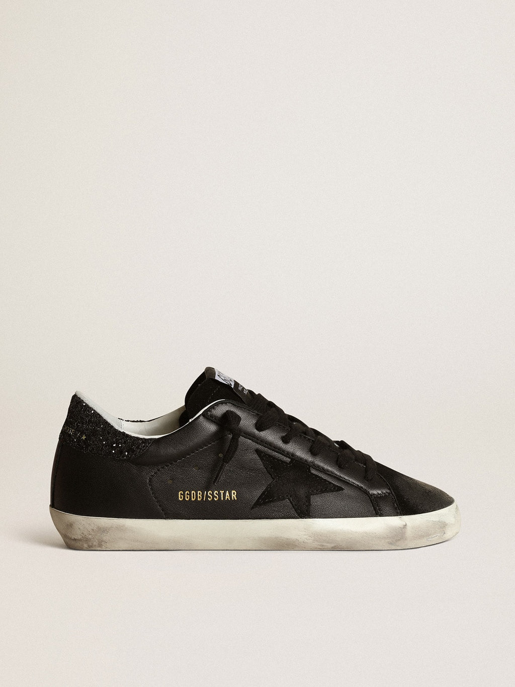 Women's Super-Star in black nappa with black star and glitter heel tab| Golden Goose