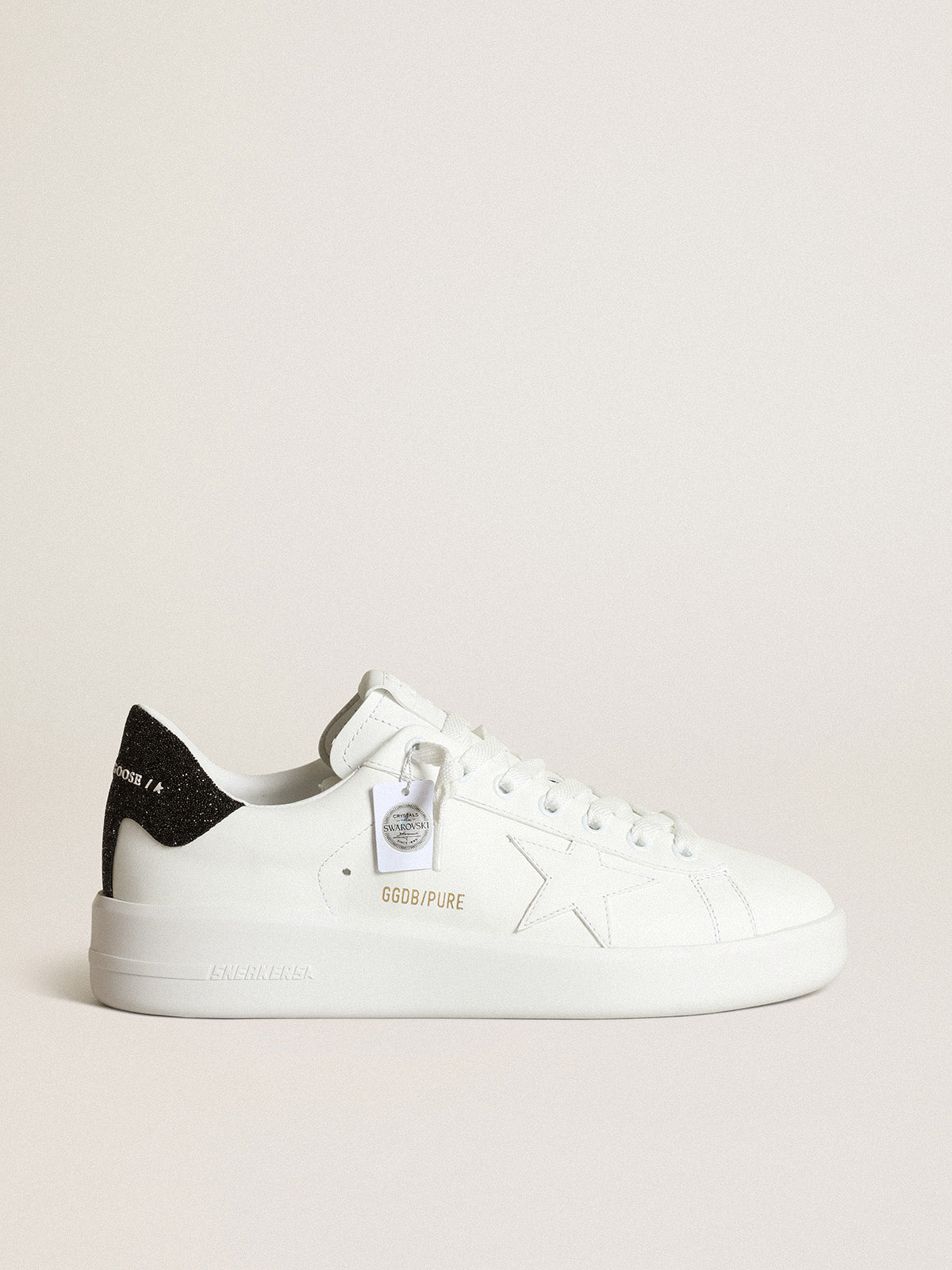 Purestar sneakers in white leather with tone-on-tone star and heel tab in black Swarovski crystals| Golden Goose