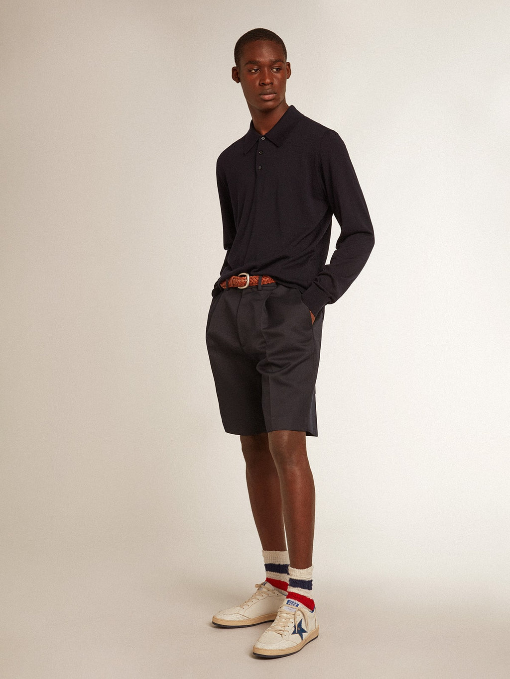Men's long-sleeved polo shirt in navy-blue merino wool| Golden Goose