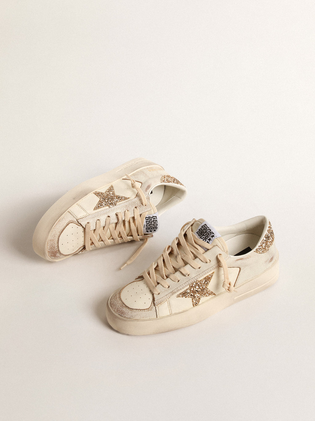 Stardan in ecru nappa leather with gold glitter star and heel tab| Golden Goose