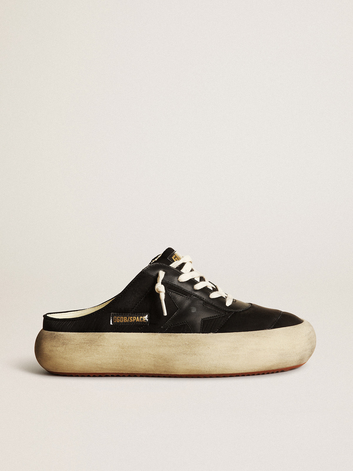 Women's Space-Star Sabots in black nylon with black leather star| Golden Goose