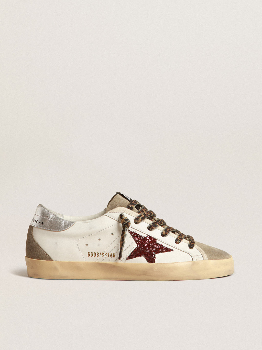 Super-Star with burgundy glitter star and silver heel tab| Golden Goose