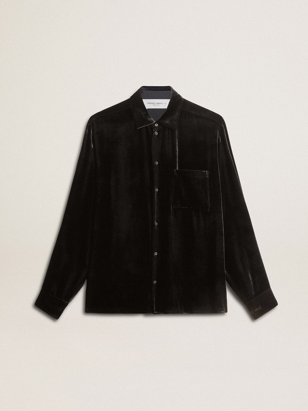 Velvet-effect black shirt with embroidery| Golden Goose