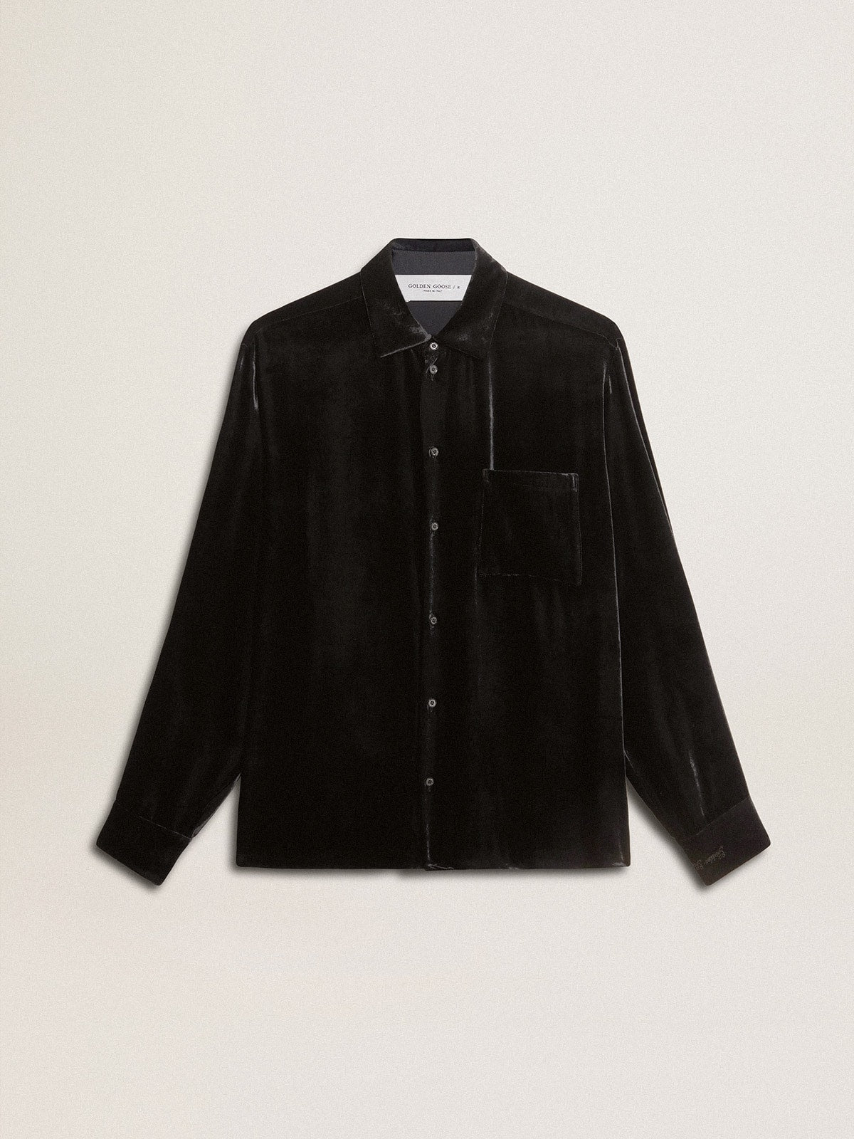 Velvet-effect black shirt with embroidery| Golden Goose