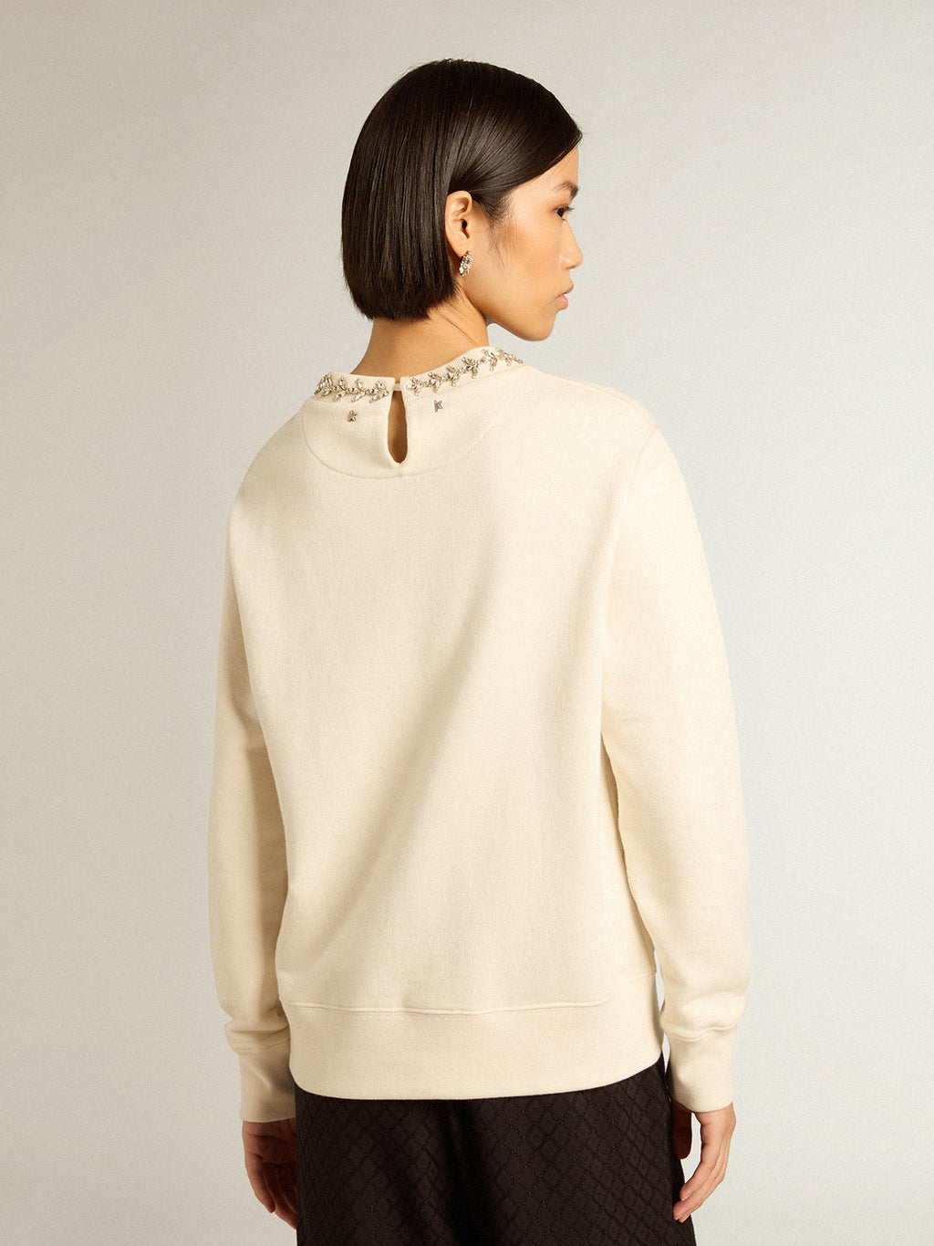Round-neck cotton sweatshirt in aged white with hand-applied crystals| Golden Goose