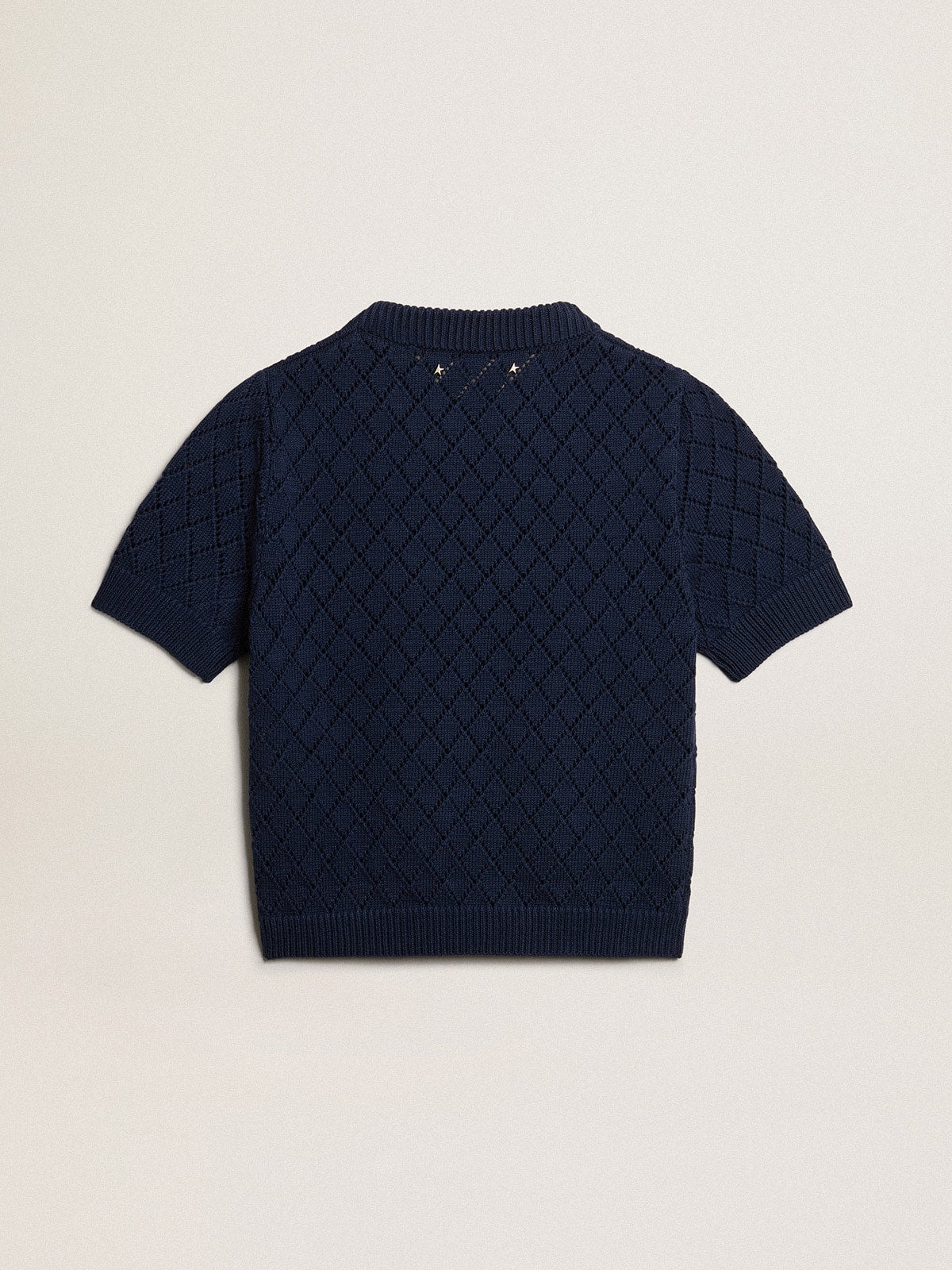Open-weave knit with midnight blue argyle pattern