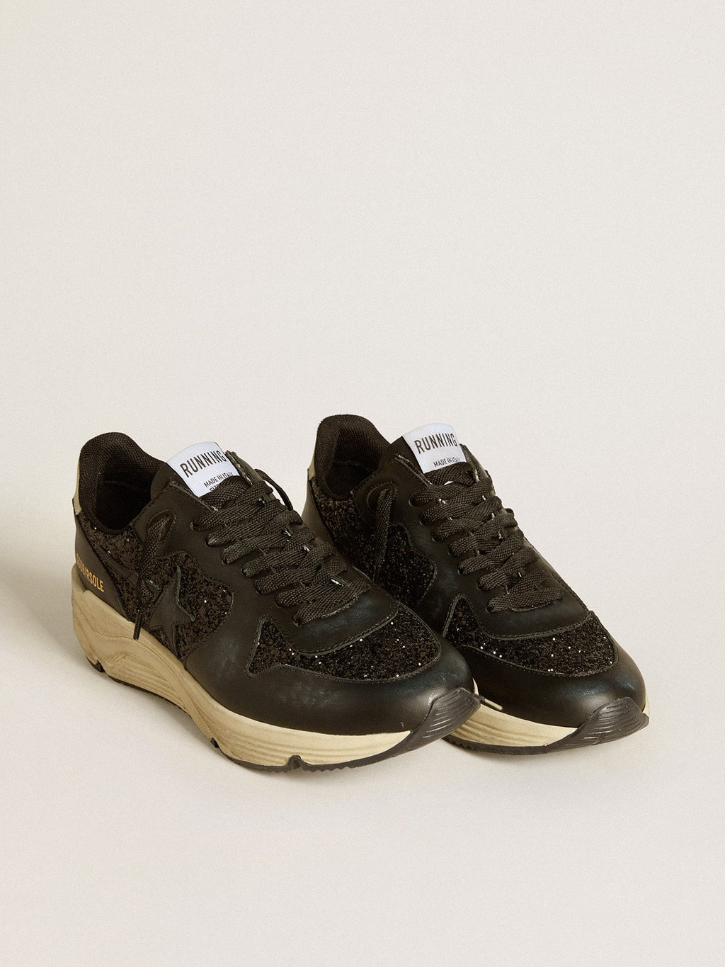 Women's Running Sole in black glitter with leather star and nubuck heel tab| Golden Goose