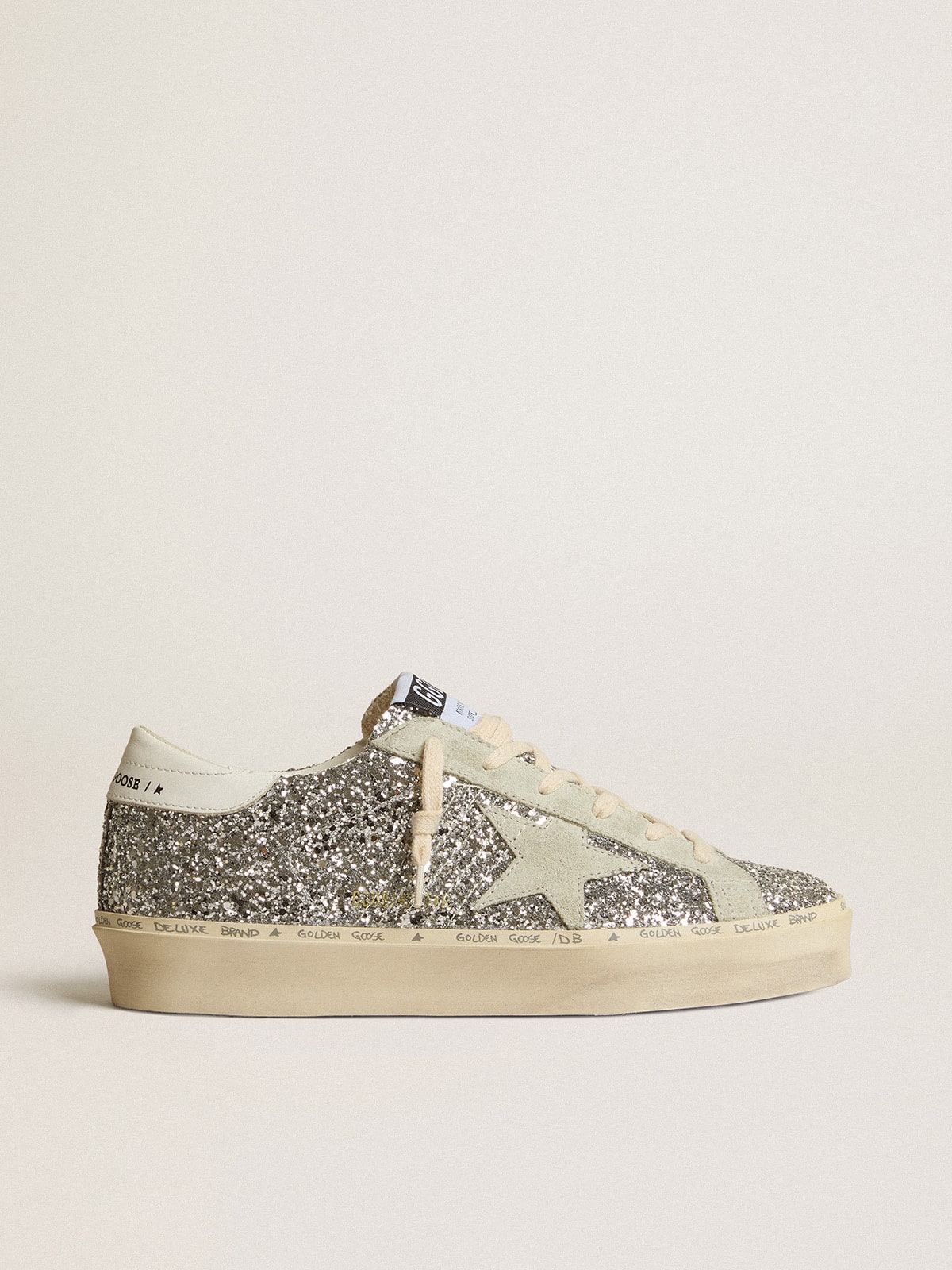 Women's Hi Star in silver glitter with suede star and white heel tab| Golden Goose