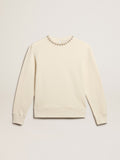 Round-neck cotton sweatshirt in aged white with hand-applied crystals| Golden Goose