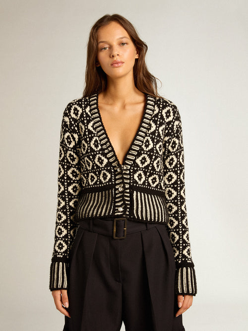 Cropped cardigan with geometric design in vintage white and black| Golden Goose