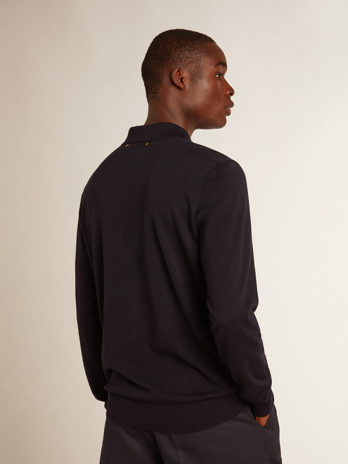 Men's long-sleeved polo shirt in navy-blue merino wool| Golden Goose