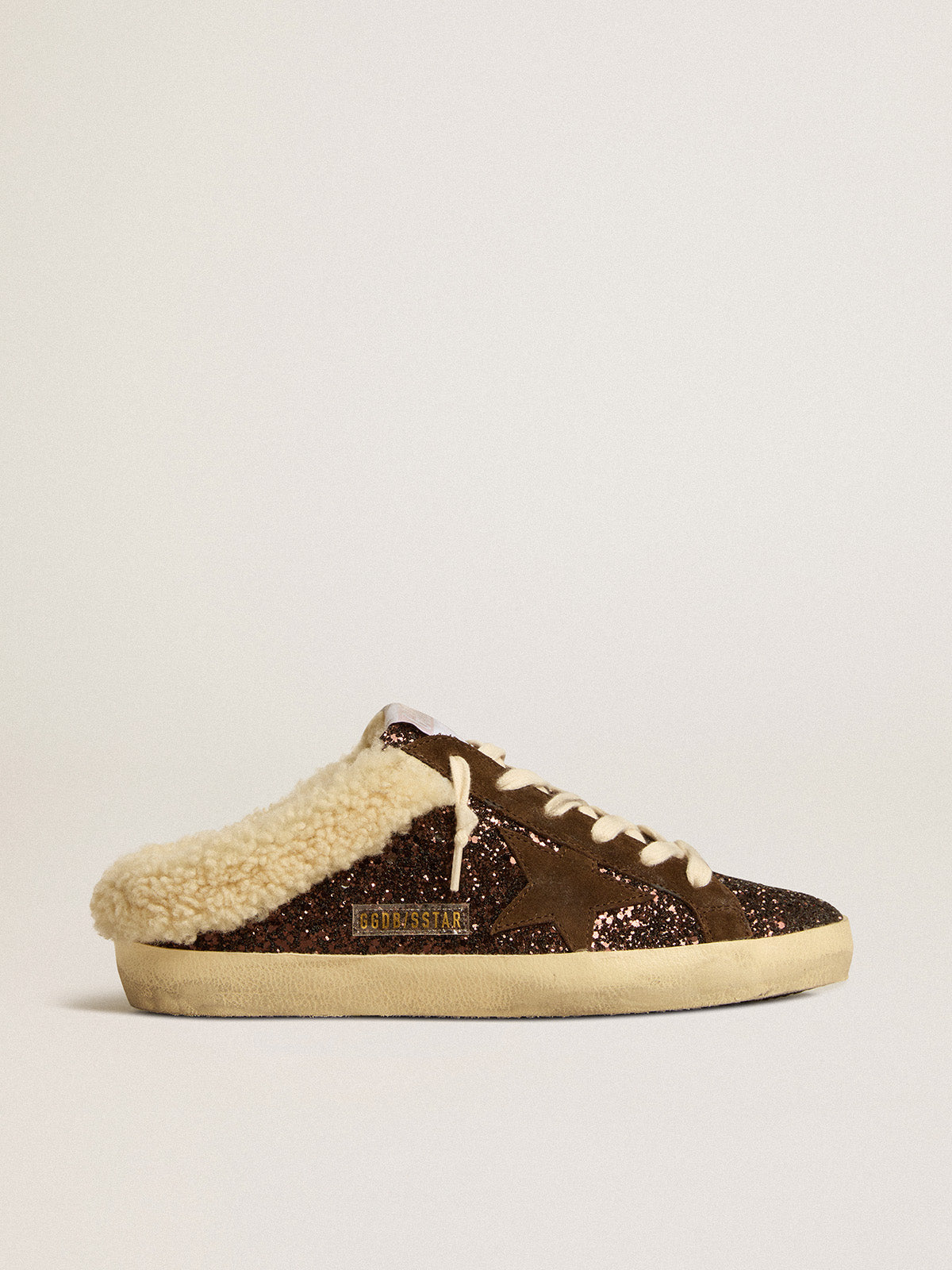 Super-Star Sabots in glitter with brown star and shearling lining| Golden Goose