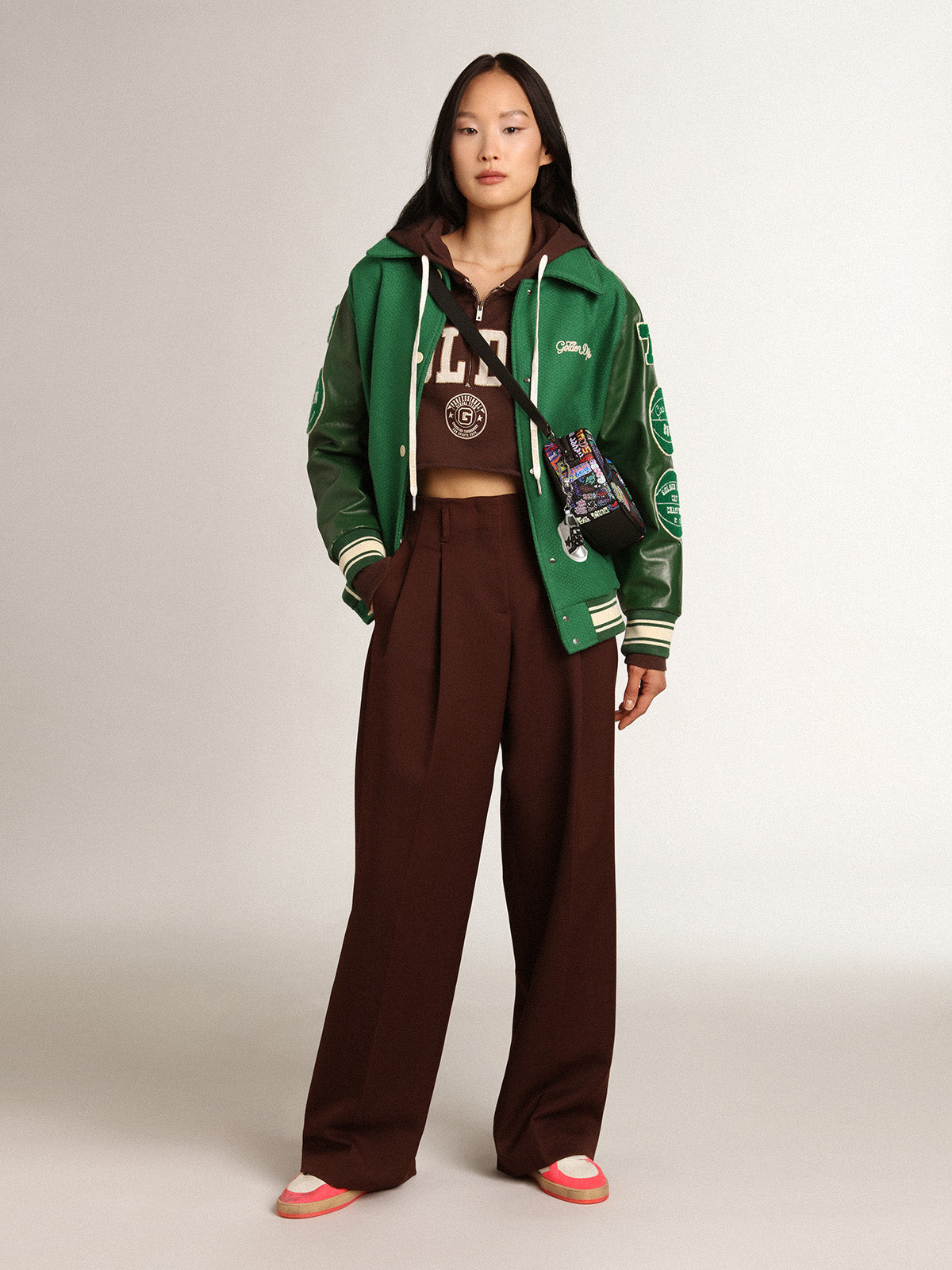 Walnut-brown Journey Collection hooded cropped sweatshirt with contrasting white Golden lettering| Golden Goose