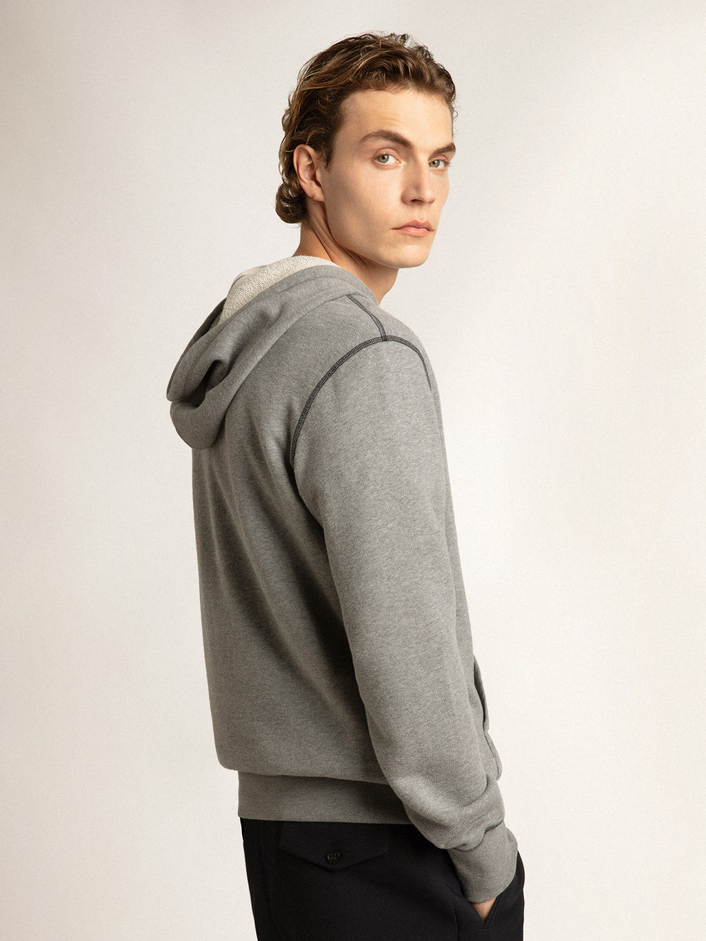 Gray melange cotton sweatshirt with hood| Golden Goose