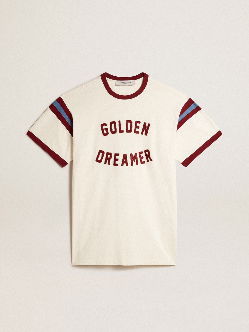 Women's white dress with burgundy lettering on the front| Golden Goose