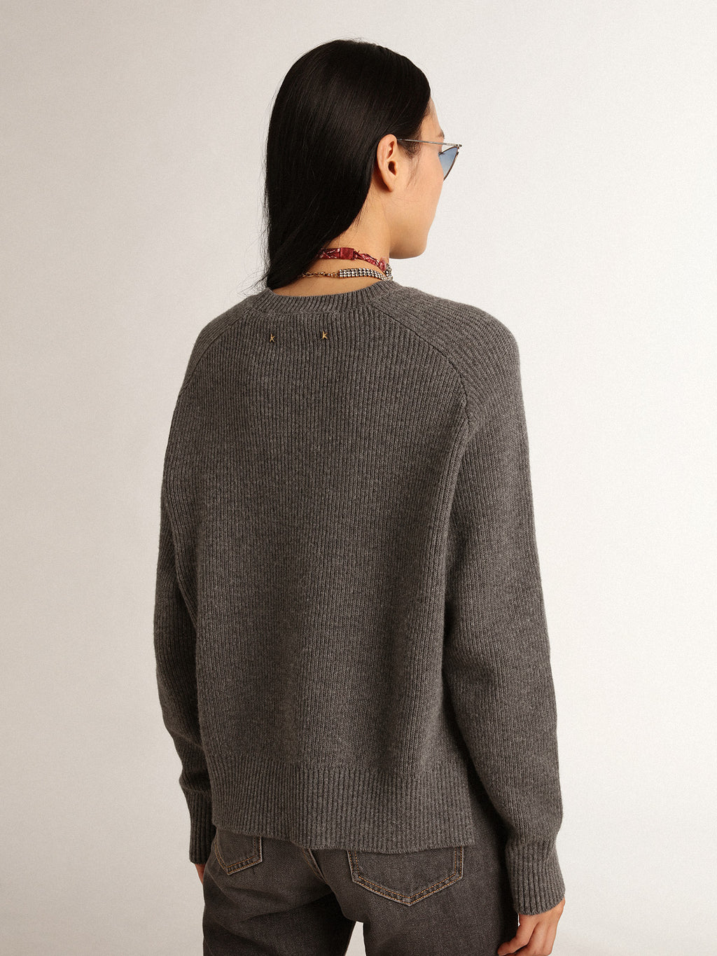 Women's gray round-neck sweater with glitter lettering| Golden Goose