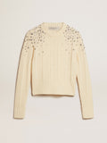 Cropped sweater in white wool with crystals| Golden Goose