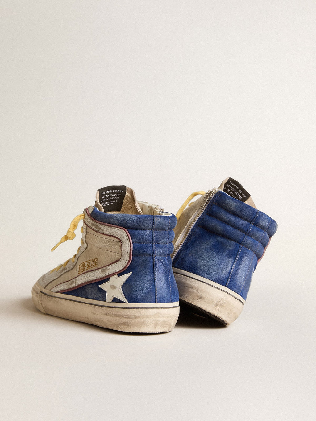 Slide in pearl canvas and blue suede with white leather star and flash| Golden Goose